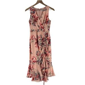 Eliza J Sleeveless Flutter Hem Texture Chiffon Floral Midi Dress Romantic Size 2
